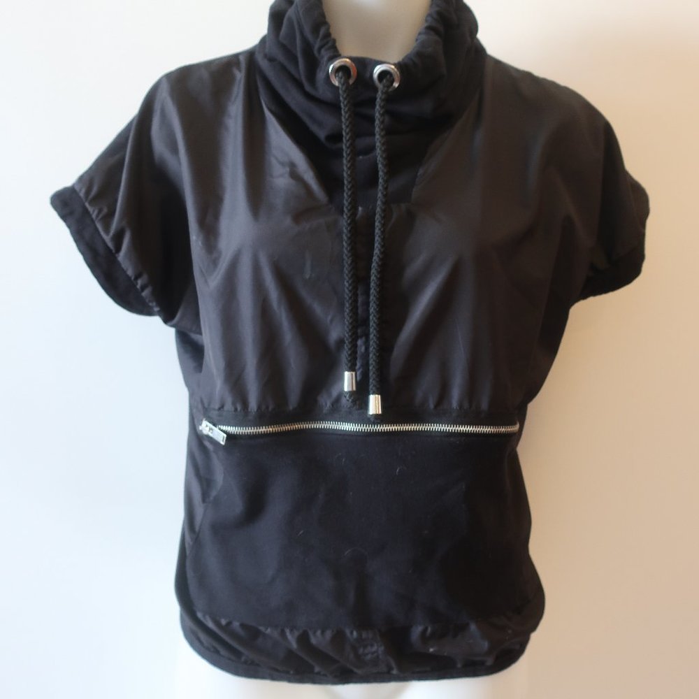 Womens Zara Black Mixed Media Front Zip Pocket Pullover Top M *